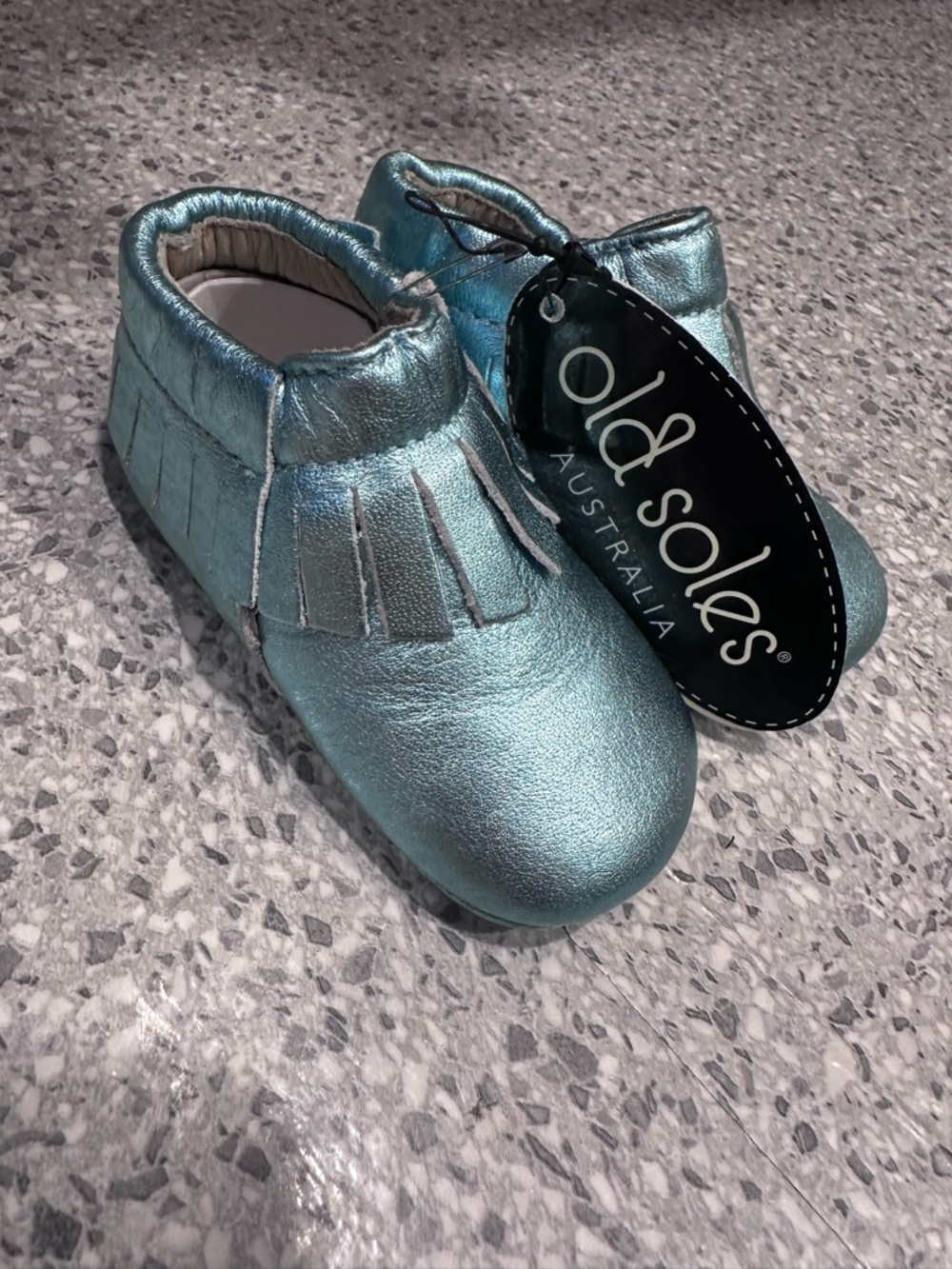 NWT Old Soles Australlia Metallic Teal Fringe Baby Moccasins - Shimmer Blue
